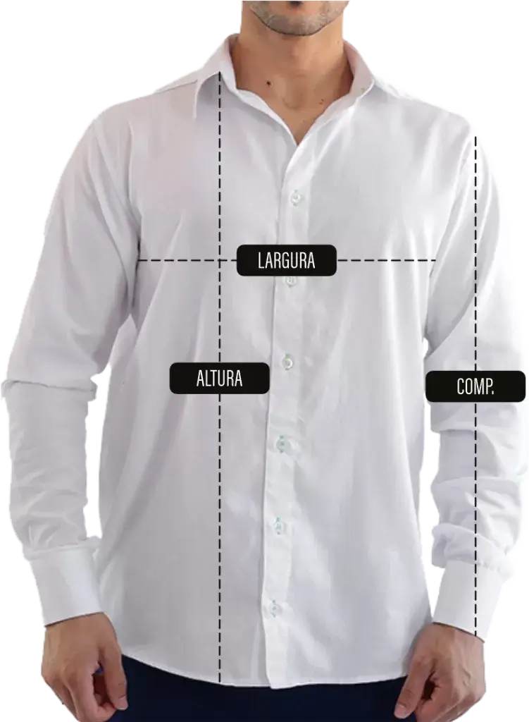 SP< Uniformes - Homem vestindo camisa social. Imagem indicando as medidas da peça, listra horizontal na altura do peito indicando a largura, listra do ponto mais alto do ombro até a barra indicando a altura, listra da costura do ombro até a barra da manga indicando comprimento manga.