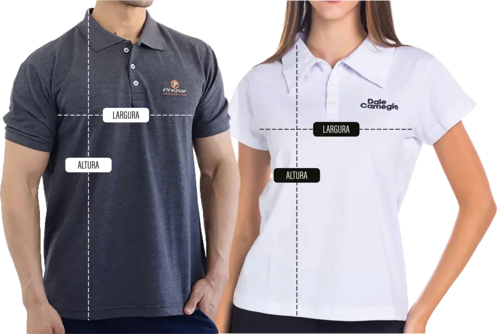 SP< Uniformes - Do lado esquerdo um homem veste uma camiseta gola polo, do lado direito uma mulher veste camiseta gola polo. As duas imagens possuem logo bordado na lateral superior da peça. Imagens indicando as medidas da peça, listra horizontal na altura do peito indicando a largura, listra do ponto mais alto do ombro até a barra indicando a altura.