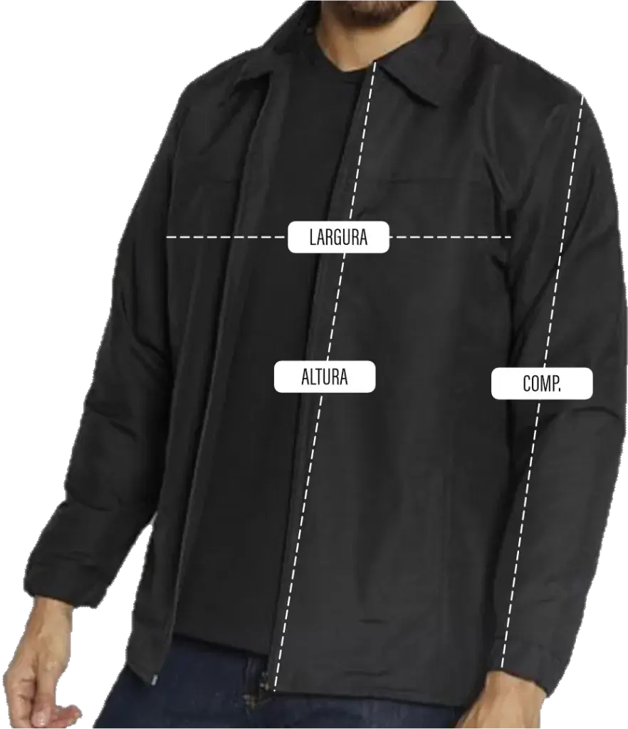 SP< Uniformes - Homem vestindo jaqueta sobrepondo camiseta. Imagem com indicações de orientação de medidas, listra centralizada horizontalmente no peito indicando largura, listra do ombro até a barra da manga da jaqueta indicando comprimento de manga, listra do decote até a barra da jaqueta indicando altura.