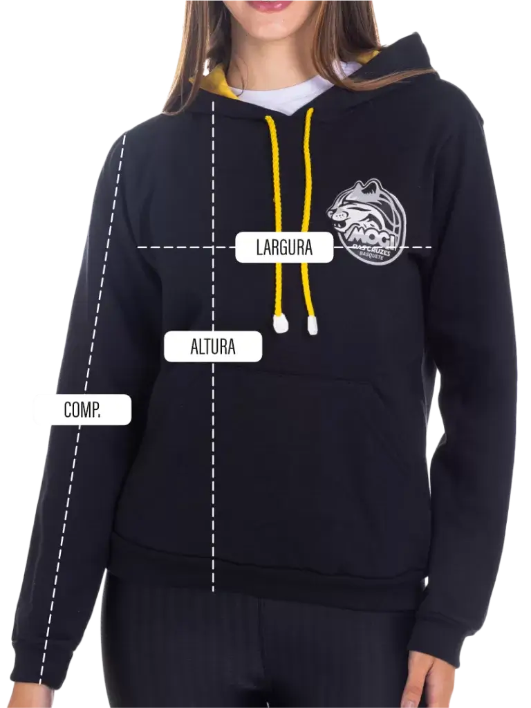 SP< Uniformes - Mulher vestindo moletom com bolso estilo canguru e capuz, com logo estampada na lateral superior da peça e cordões em cor contrastante no ajuste do capuz. Imagem indicando as medidas da peça, listra horizontal na altura do peito indicando a largura, listra do ponto mais alto do ombro até a barra indicando a altura, listra da costura do ombro até a barra da manga indicando comprimento manga.