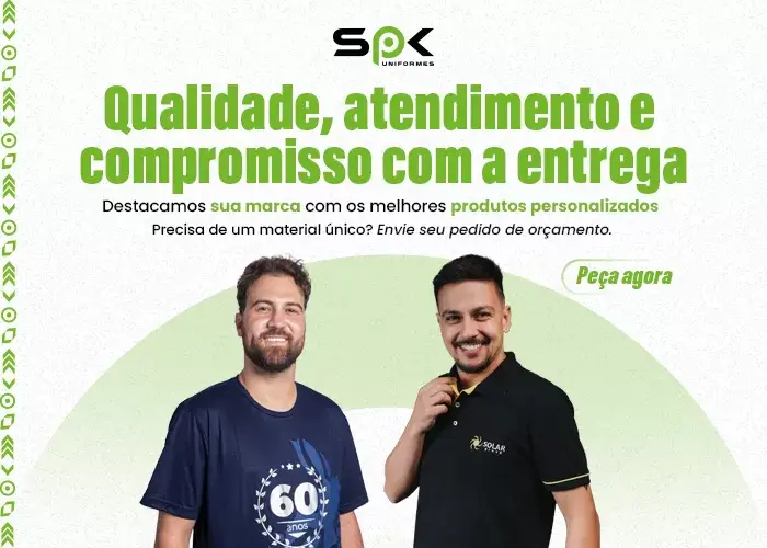 SP< Uniformes - Qualidade, atendimento e compromisso com a entrega. Destacamos sua marca com os melhores produtos personalizados. Precisa de um material único? Envie seu pedido de orçamento. Peça agora.
